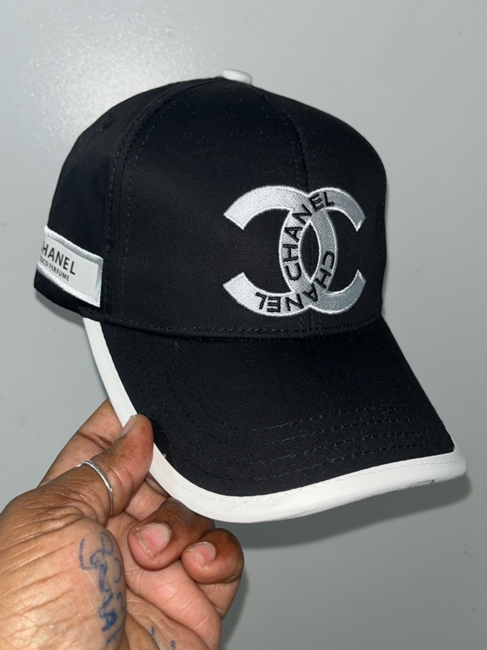 CHANEL Black and White CC Embroidered Baseball Cap